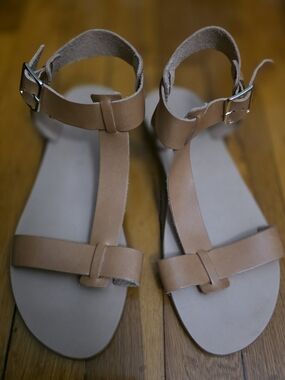 KYMA Handmade Leather Tan T-Strap Women's Sandals